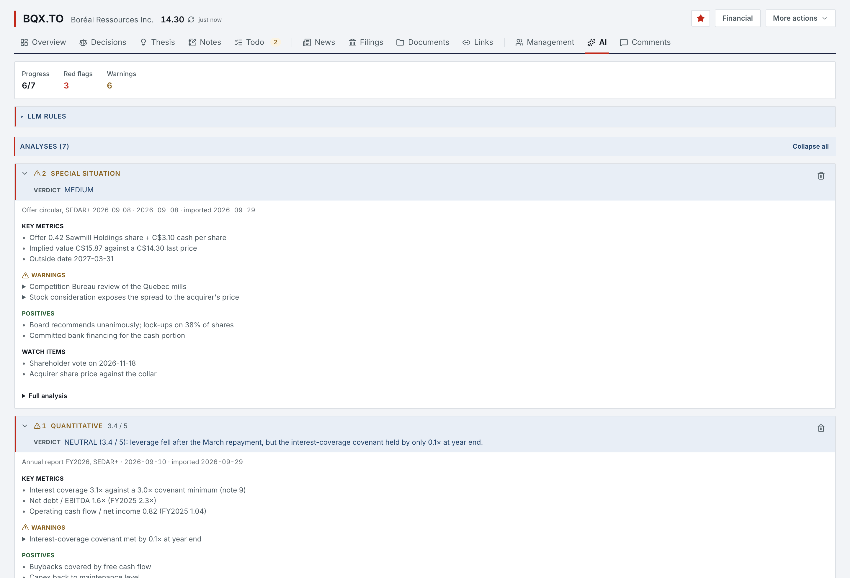 Research profile for BQX.TO, AI page: six of seven analyses done with 3 red flags and 6 warnings, the LLM Rules folded, and the Special situation (MEDIUM) and Quantitative (3.4 / 5) analyses open on their key metrics, warnings, positives and watch items.