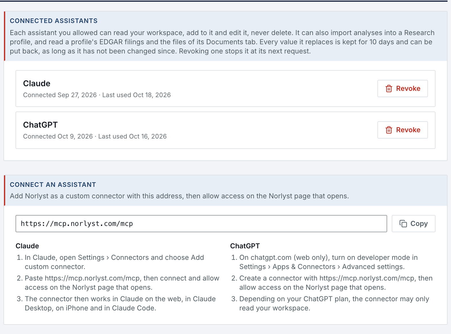 Settings, AI assistants: Claude and ChatGPT connected, each with the date it was connected, its last use and a Revoke button, above what an assistant may do and the address to connect a new one.