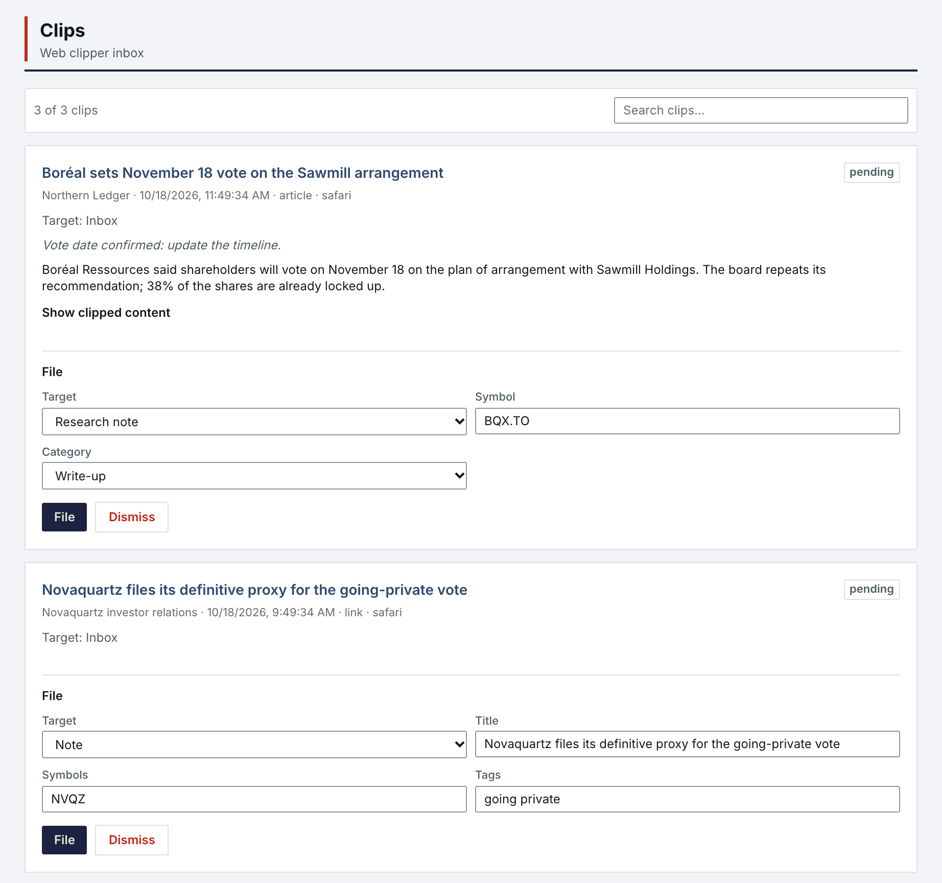 Clips inbox with three pending clips: an article on the November 18 Boréal vote set to be filed as a Research note on BQX.TO in the Write-up category, and a link to the Novaquartz definitive proxy set to be filed as a Note with the symbol NVQZ and the tag going private; nothing filed yet.
