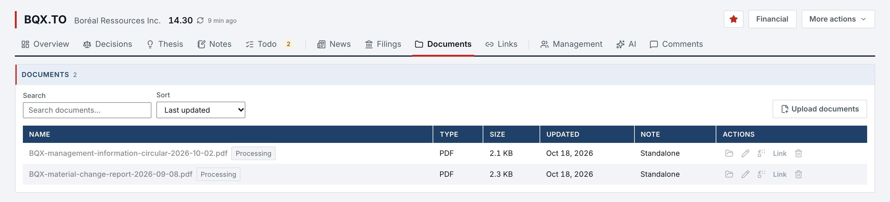 Documents tab of BQX.TO: two PDF documents just uploaded, a material change report and a management information circular, both still marked Processing until the server has verified them.