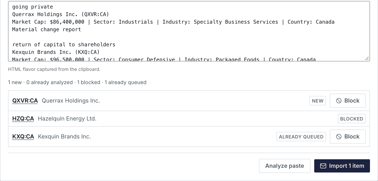 Import of an alert email after Analyze paste: the pasted email with three alert items, and the preview before import: QXVR:CA new, HZQ:CA blocked, KXQ:CA already queued; Analyze paste and Import 1 item.