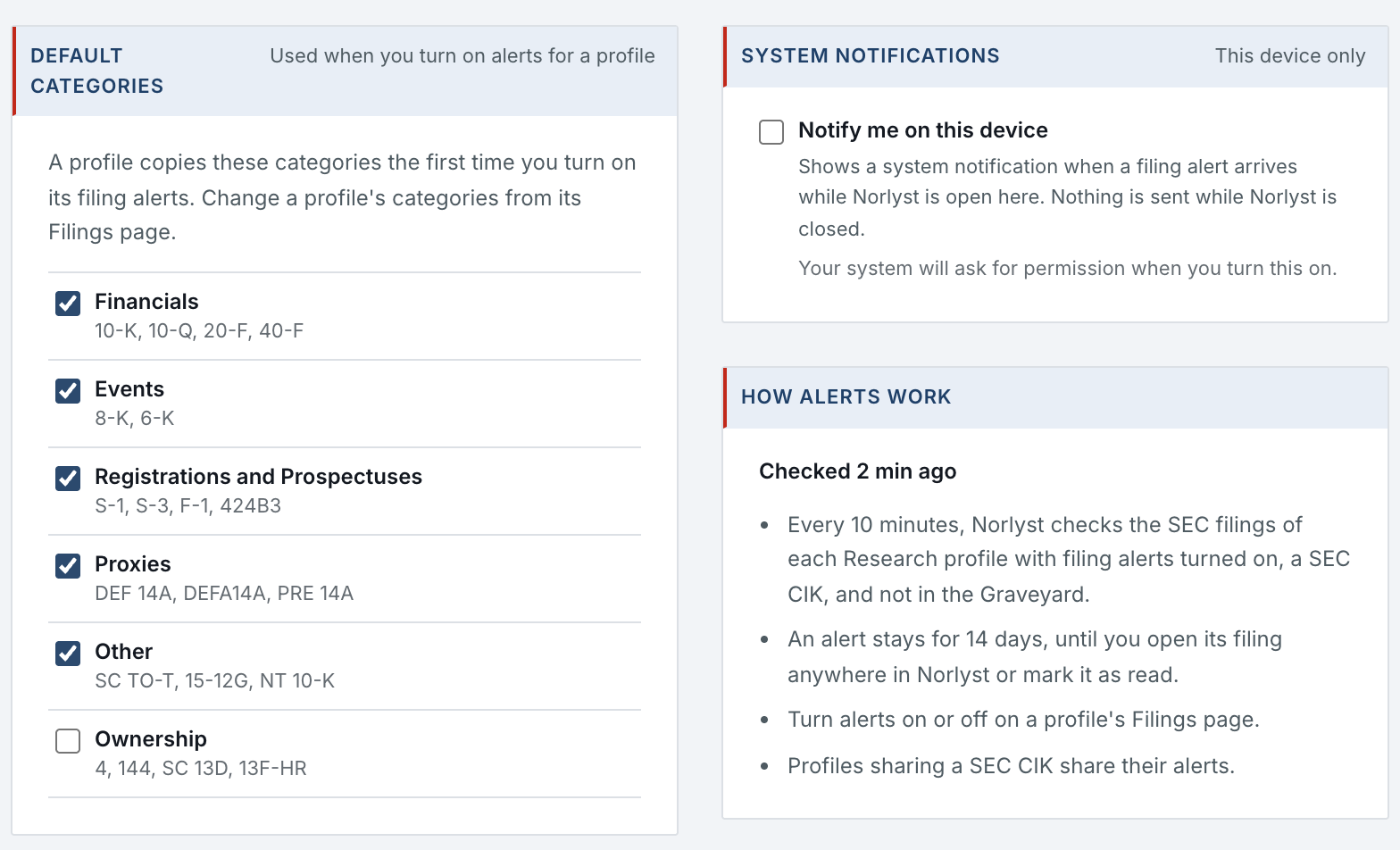Settings, Filing alerts: the default categories a profile copies when you turn on its alerts, Financials, Events, Registrations and Prospectuses, Proxies and Other checked, Ownership unchecked, each with its example forms; system notifications for this device; and how alerts work, checked 2 min ago.