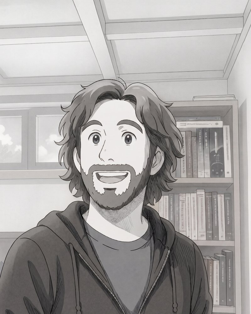 Portrait of the founder, drawn in black and white, in front of a bookshelf
