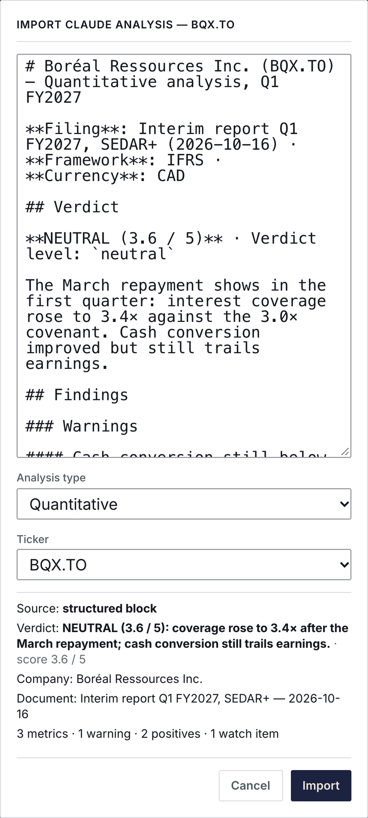 The same import preview in the phone layout.