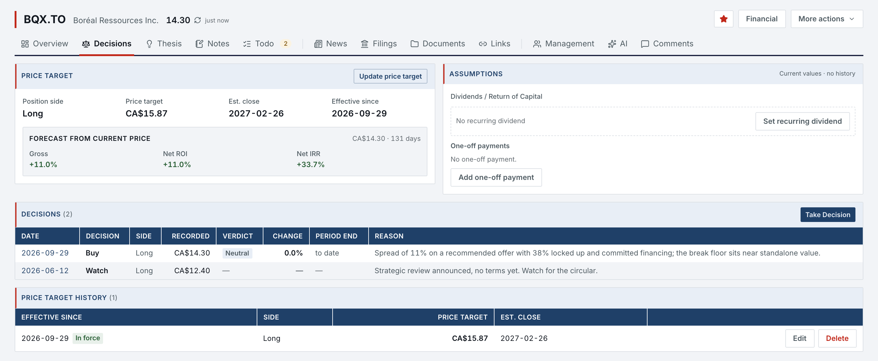 Research profile for BQX.TO, Decisions page: the price target in force (long, CA$15.87, estimated close 2027-02-26, since 2026-09-29) with its forecast from CA$14.30 (gross +11.0%, net ROI +11.0%, net IRR +33.7%), no recurring dividend, two decisions (Buy at CA$14.30 on 2026-09-29, rated Neutral; Watch at CA$12.40 on 2026-06-12) and one price target revision in force.