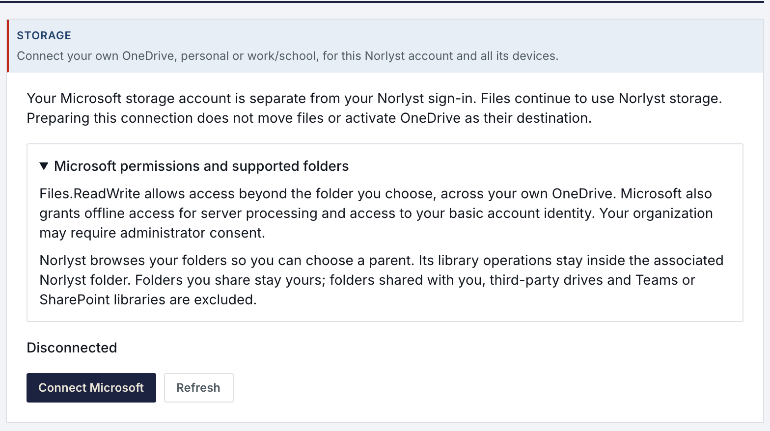 Settings, Storage: connect your own OneDrive, with Microsoft's permissions and the supported folders explained; this demo account is disconnected.