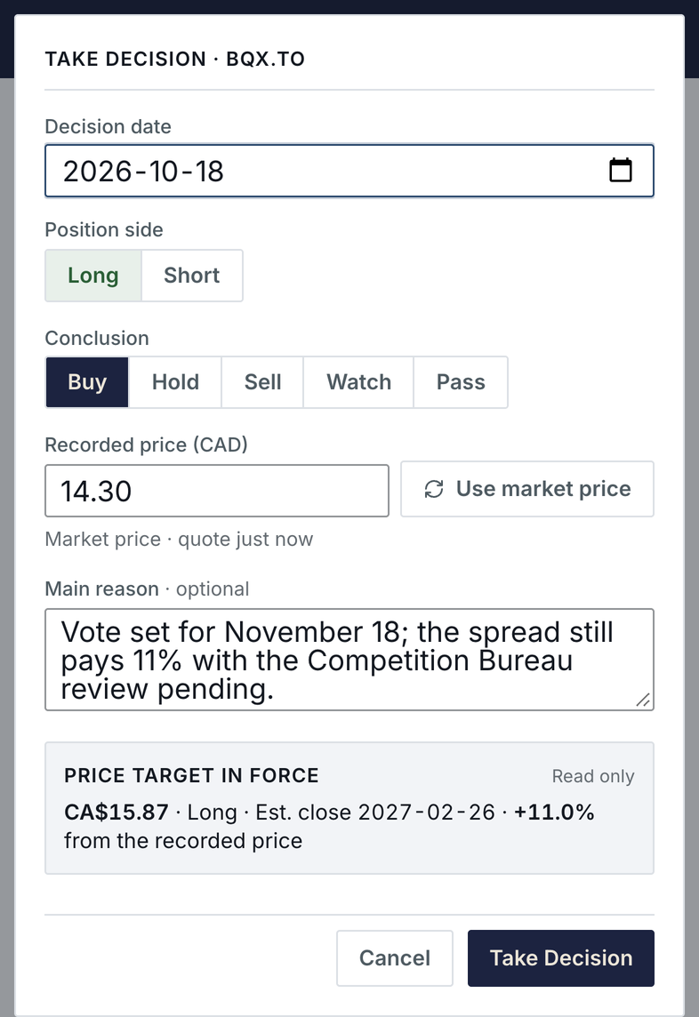 The same Take Decision dialog in the phone layout, with Cancel and Take Decision at the bottom.