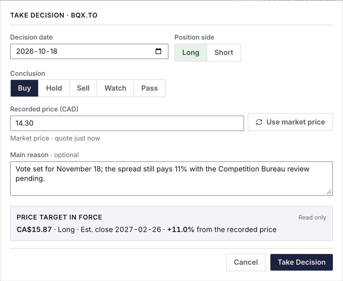 Take Decision for BQX.TO: decision date 2026-10-18, long side, Buy selected, recorded price 14.30 from the market quote, a reason on the November 18 vote and the Competition Bureau review, and the price target in force, read only: CA$15.87 long, estimated close 2027-02-26, +11.0% from the recorded price.