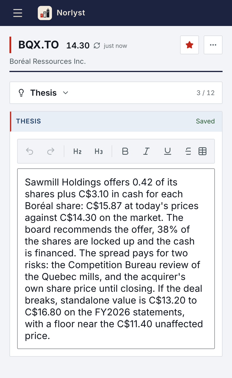 The same Thesis page in the phone layout: the profile header, the page menu set to Thesis, and the whole thesis text.
