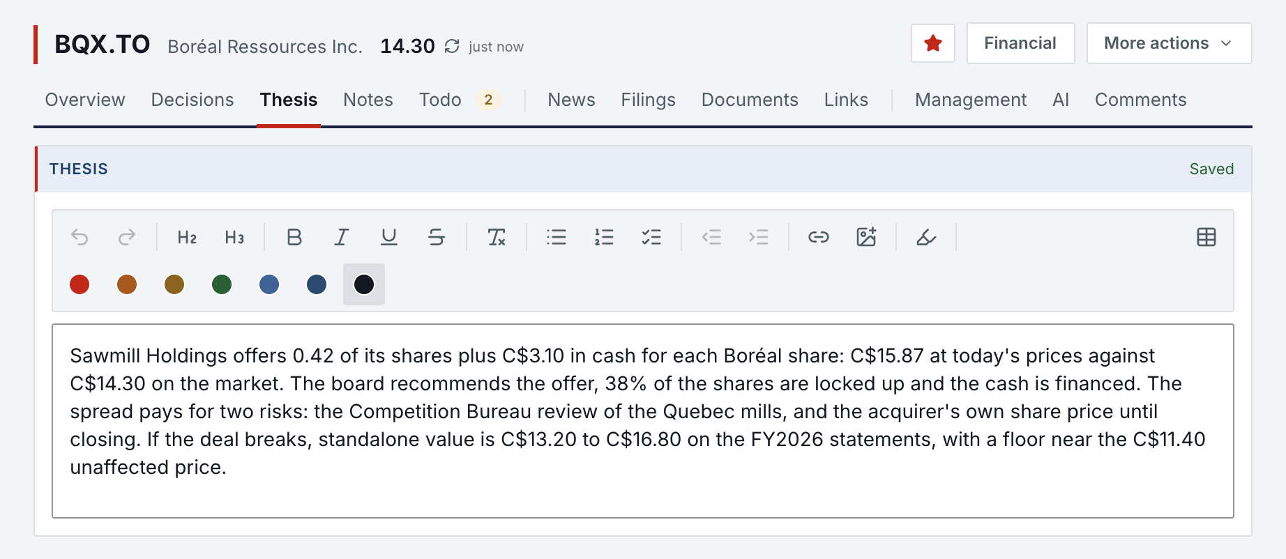 Research profile for BQX.TO, Thesis page: the rich-text editor with its toolbar and the thesis on the Sawmill Holdings offer, C$15.87 per share against C$14.30 on the market, its two risks and a standalone floor near C$11.40; saved.