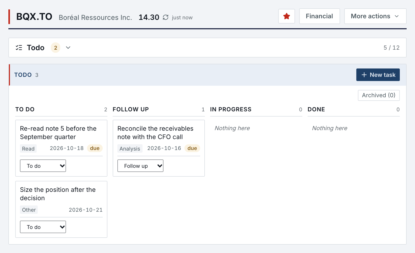 Research profile for BQX.TO, Todo page: three tasks on the board, two to do (re-read note 5 before the September quarter, due 2026-10-18; size the position after the decision, 2026-10-21) and one follow-up (reconcile the receivables note with the CFO call, 2026-10-16, overdue).